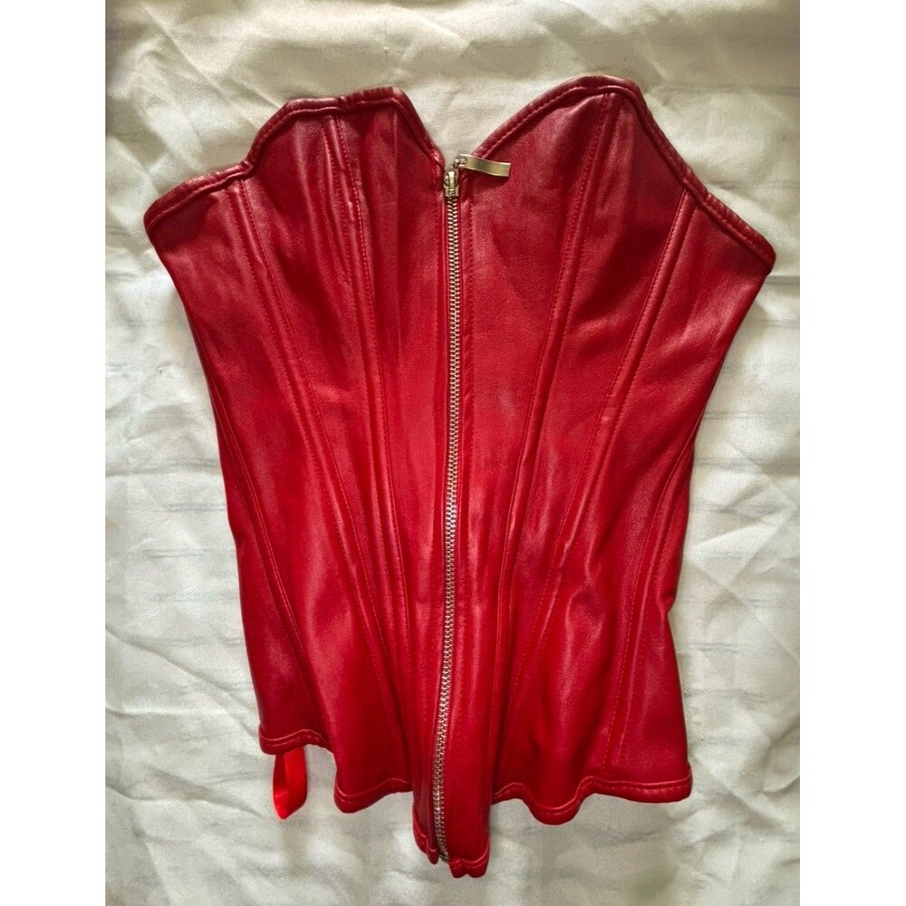 Red Faux Leather Corset Bustier Full Zip Adjustable Lacing Size XS